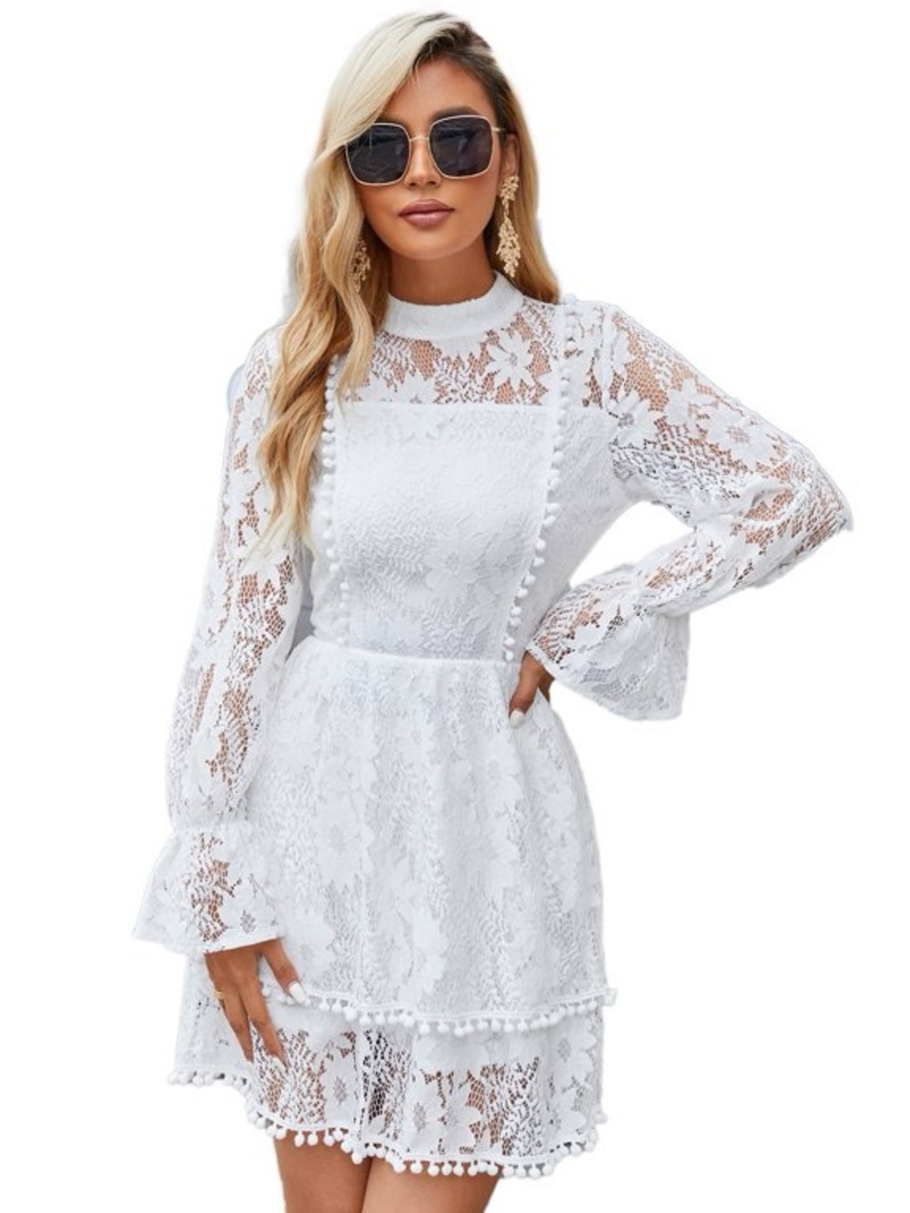 Eilly Bazar White Lace Long-Sleeve Mini Dress